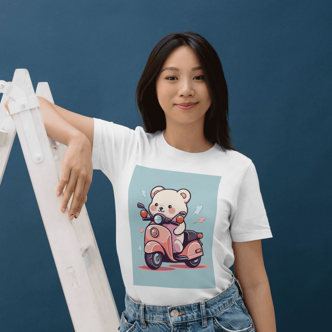 Home 16 - Product GuruJi Cute Little Bear Riding a Pink Scooter Happily - Tshirt