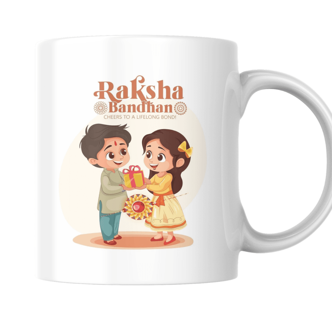 Cute Brother Sister Exchanging Gifts on Happy Raksha Bandhan Celebration - Mug